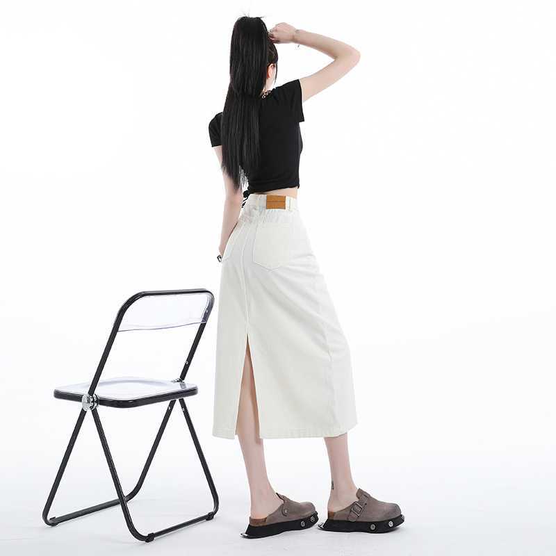 タイトスカート 美脚見せサイドスリット入りハイウエストデニム風ロングスカート