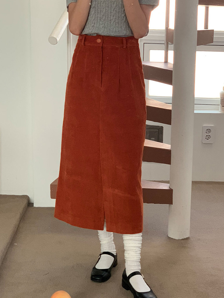 タイトスカート 裏起毛コーデュロイフロントスリットタイトスカート