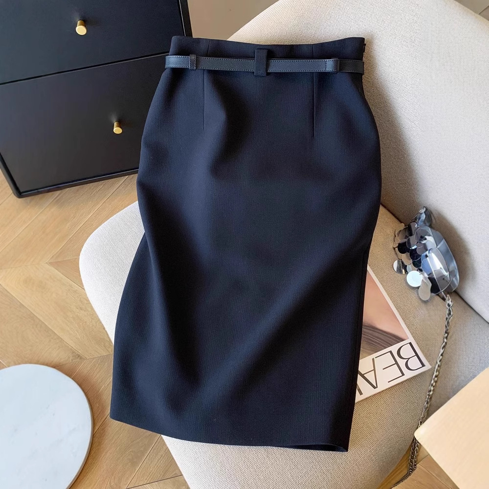 タイトスカート 金具ベルト付きラップ風前スリットタイトスカート