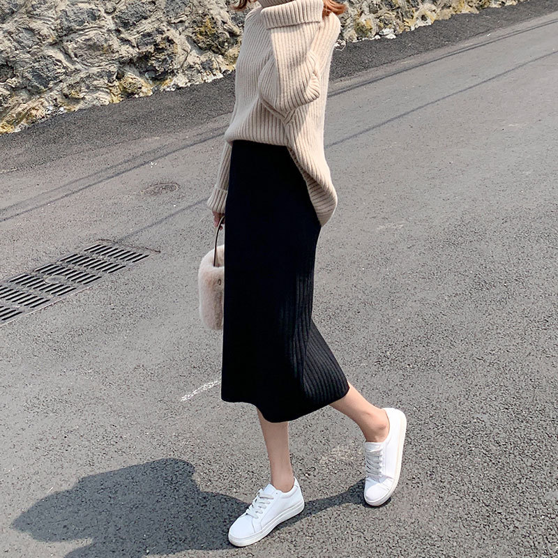 タイトスカート 縦リブニットロングタイトスカート