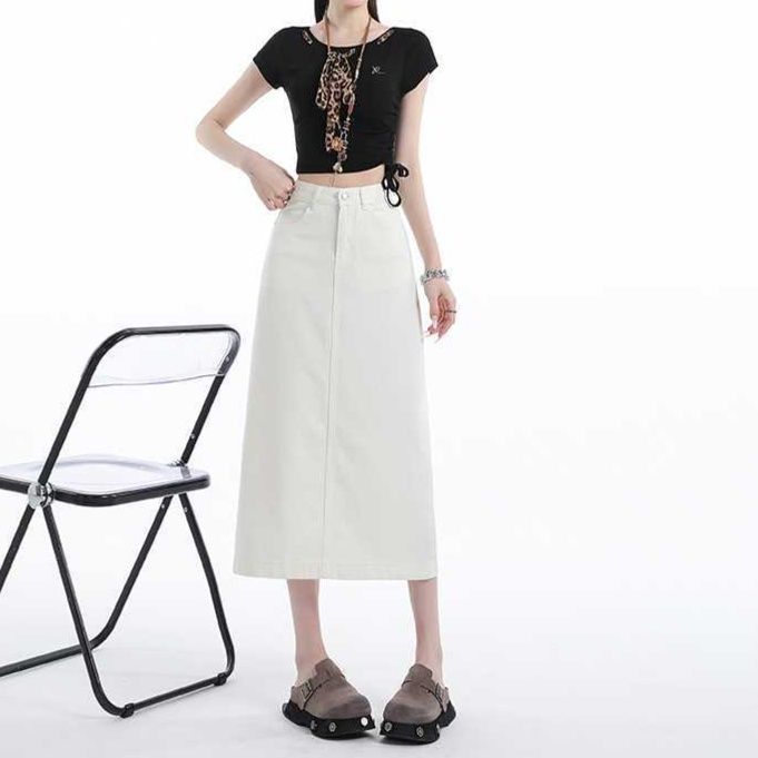 タイトスカート 美脚見せサイドスリット入りハイウエストデニム風ロングスカート
