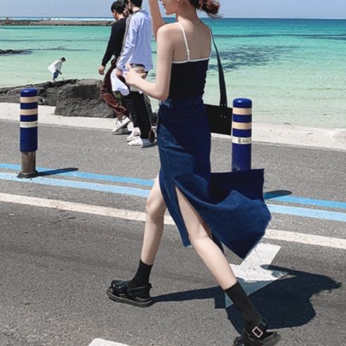 デニム ロング タイトスカート スリット入り