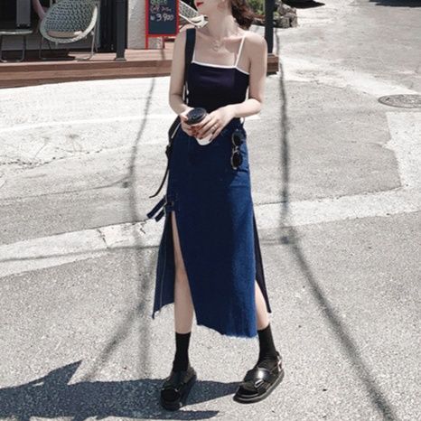 デニム ロング タイトスカート スリット入り