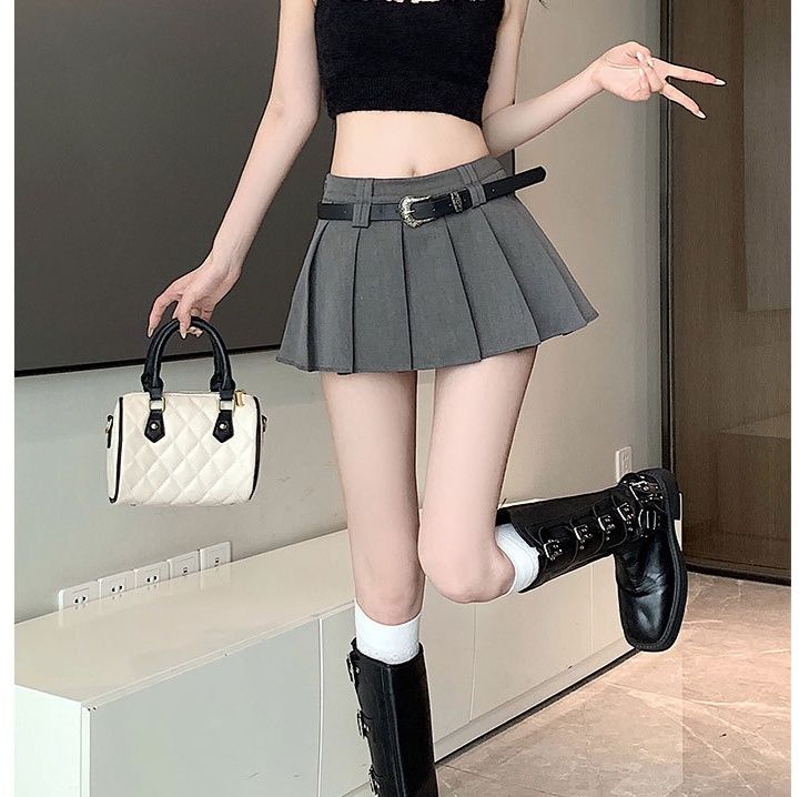 タイトスカート ベルト付きプリーツデザインタイトスカート