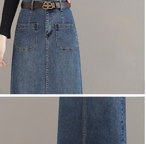 タイトスカート 前ポケット付きデニムタイトロングスカート