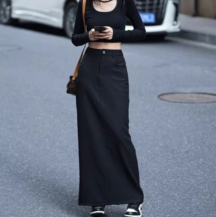 タイトスカート ハイウエストスリット入りマキシ丈