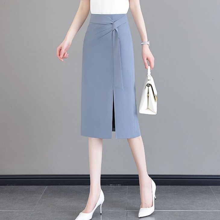 タイトスカート サイドリボンベルト付きスリット入りひざ丈スカート