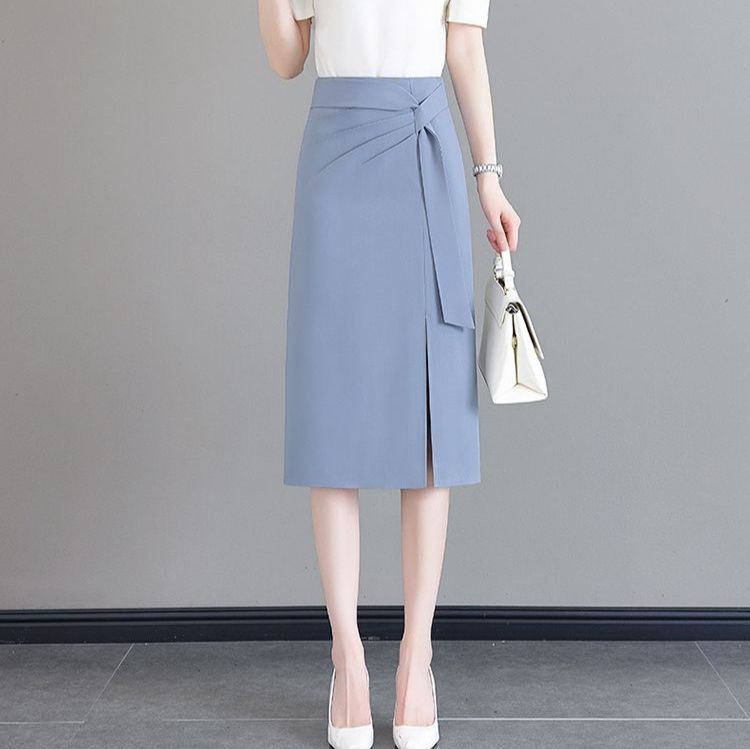 タイトスカート サイドリボンベルト付きスリット入りひざ丈スカート
