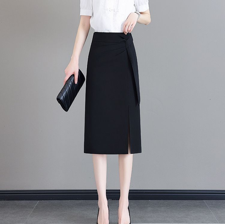 タイトスカート サイドリボンベルト付きスリット入りひざ丈スカート