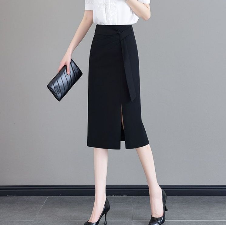 タイトスカート サイドリボンベルト付きスリット入りひざ丈スカート