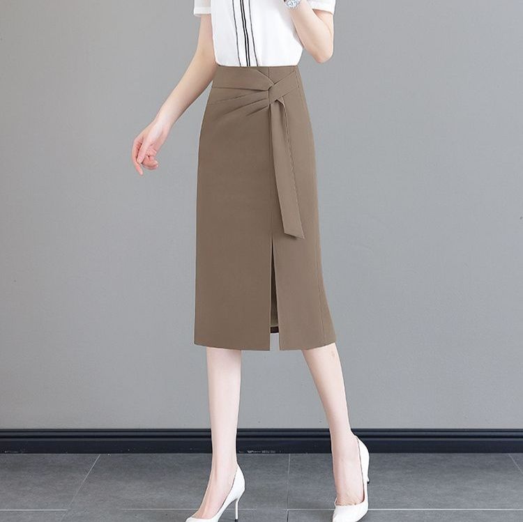 タイトスカート サイドリボンベルト付きスリット入りひざ丈スカート