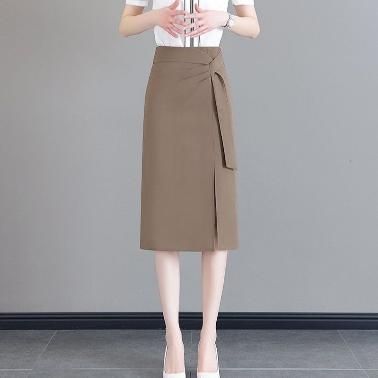 タイトスカート サイドリボンベルト付きスリット入りひざ丈スカート