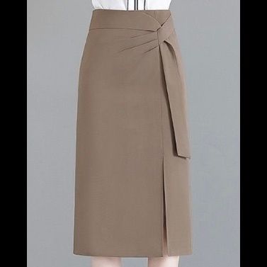 タイトスカート サイドリボンベルト付きスリット入りひざ丈スカート