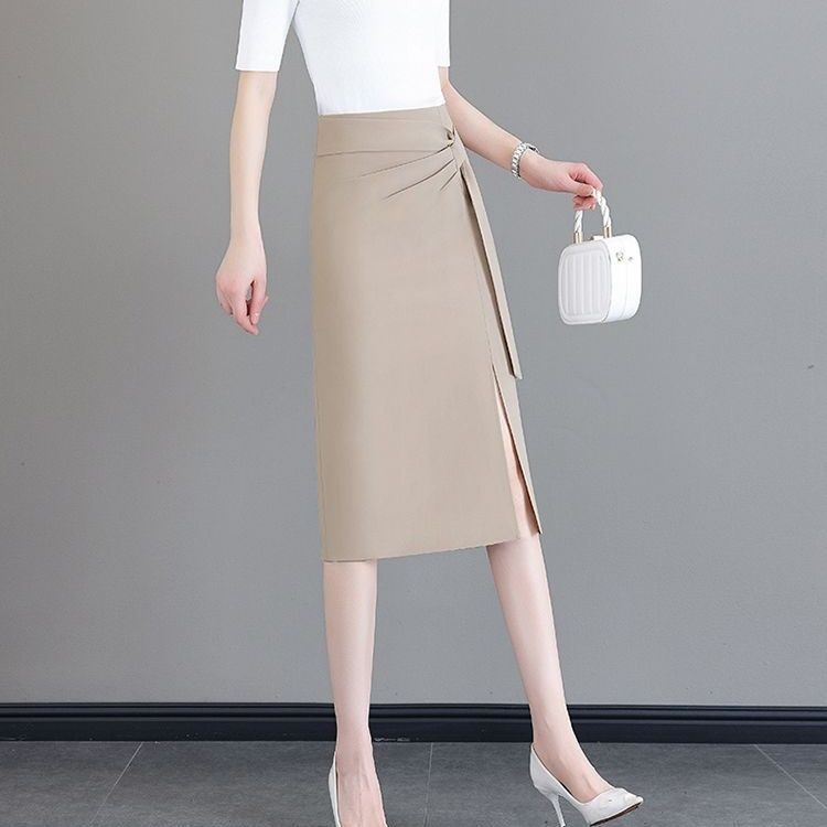 タイトスカート サイドリボンベルト付きスリット入りひざ丈スカート