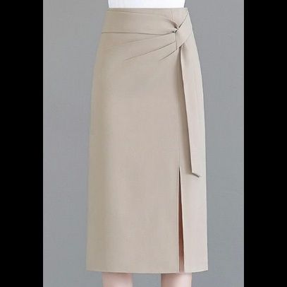 タイトスカート サイドリボンベルト付きスリット入りひざ丈スカート
