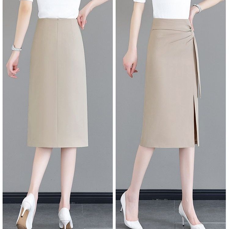 タイトスカート サイドリボンベルト付きスリット入りひざ丈スカート