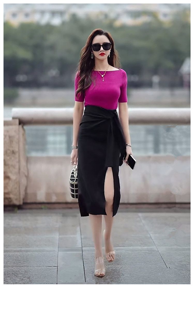 タイトスカート サイドリボン付きスリット入りタイトスカート