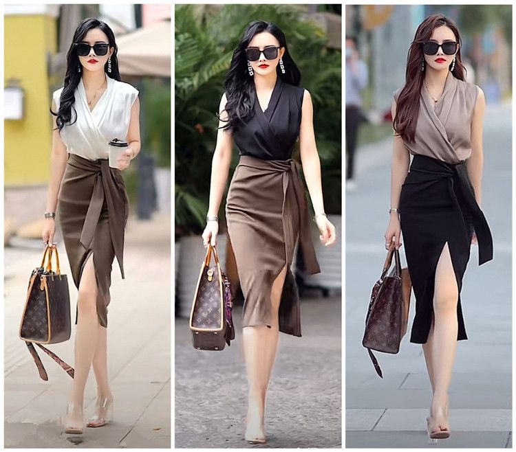 タイトスカート サイドリボン付きスリット入りタイトスカート