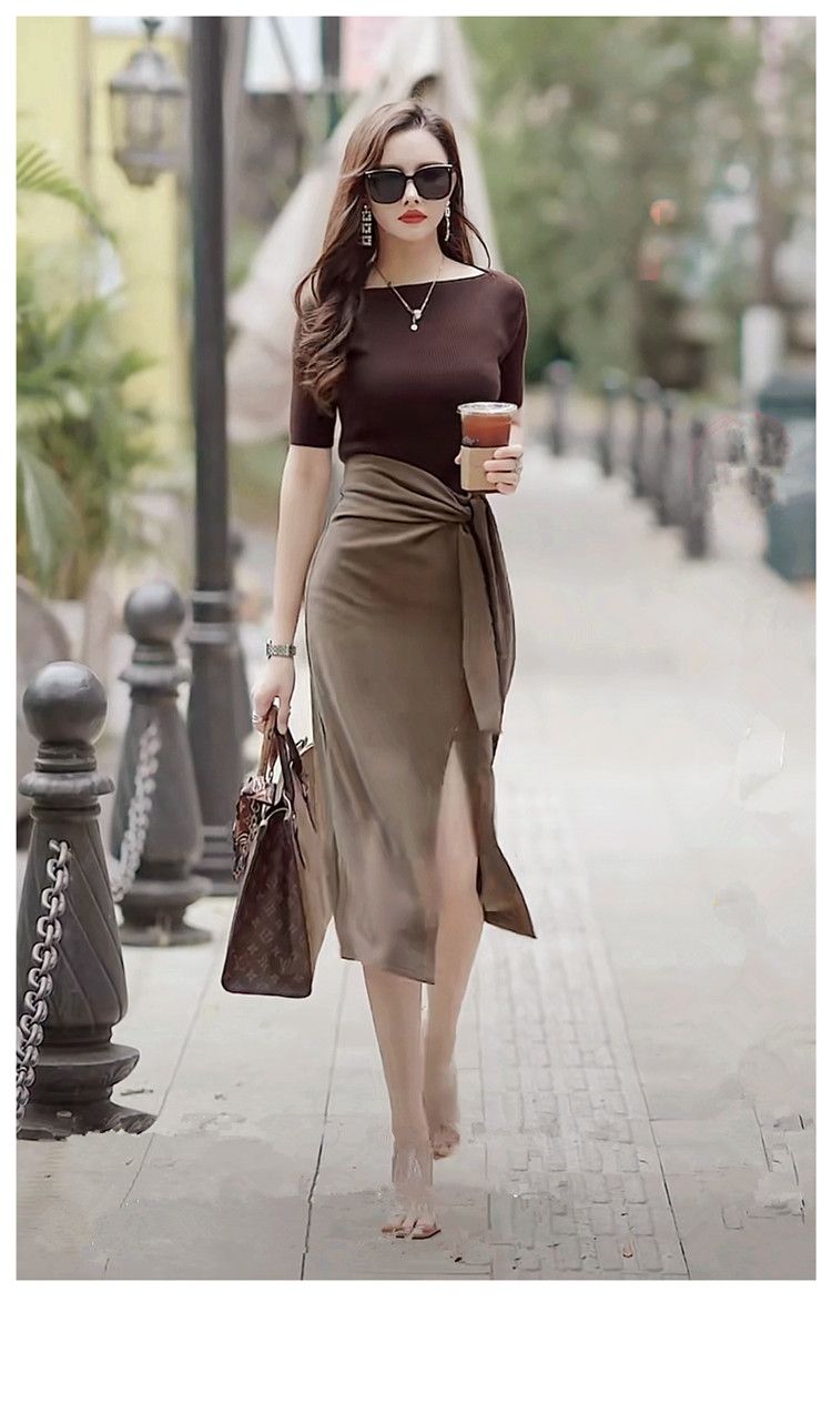 タイトスカート サイドリボン付きスリット入りタイトスカート