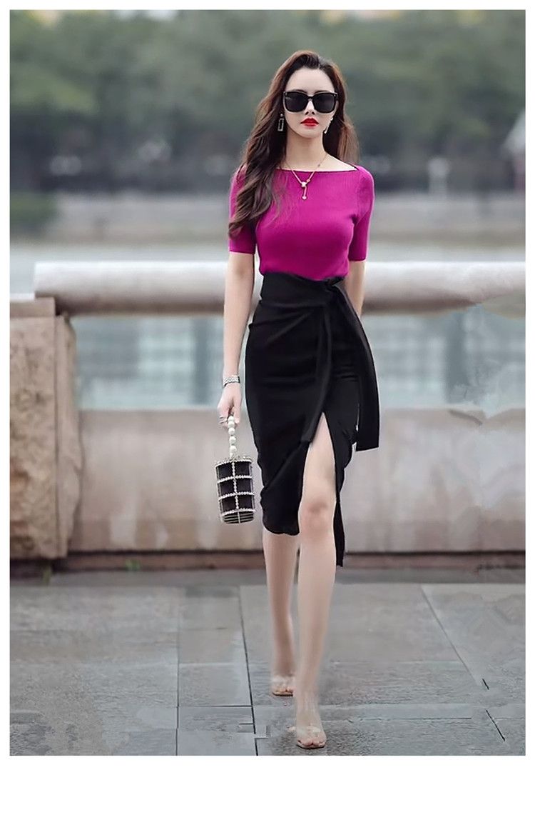 タイトスカート サイドリボン付きスリット入りタイトスカート