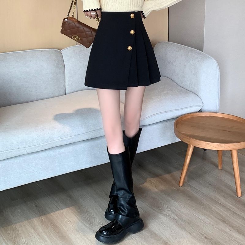 タイトスカート 金属ボタン装飾プリーツ切替えタイトミニスカート