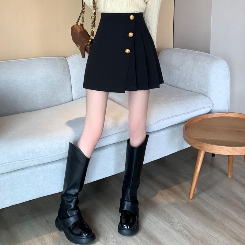 タイトスカート 金属ボタン装飾プリーツ切替えタイトミニスカート