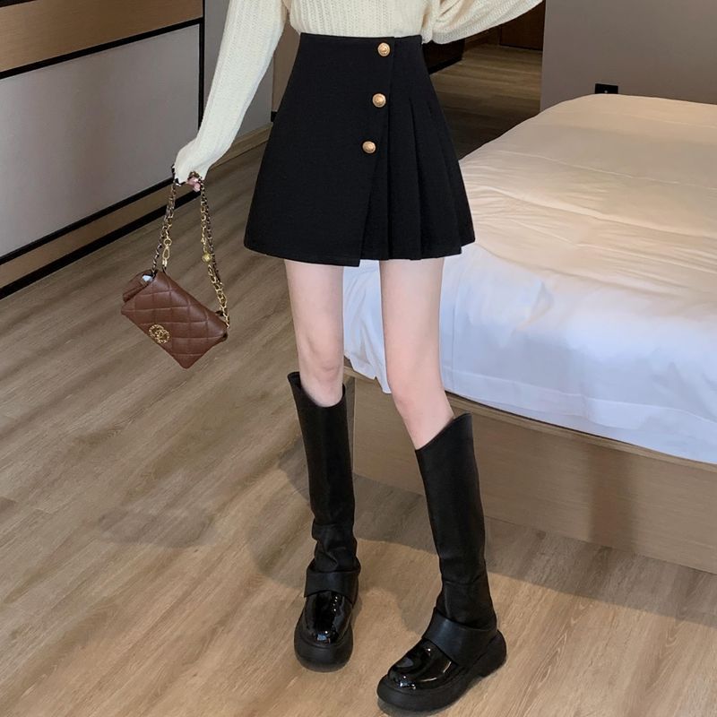 タイトスカート 金属ボタン装飾プリーツ切替えタイトミニスカート