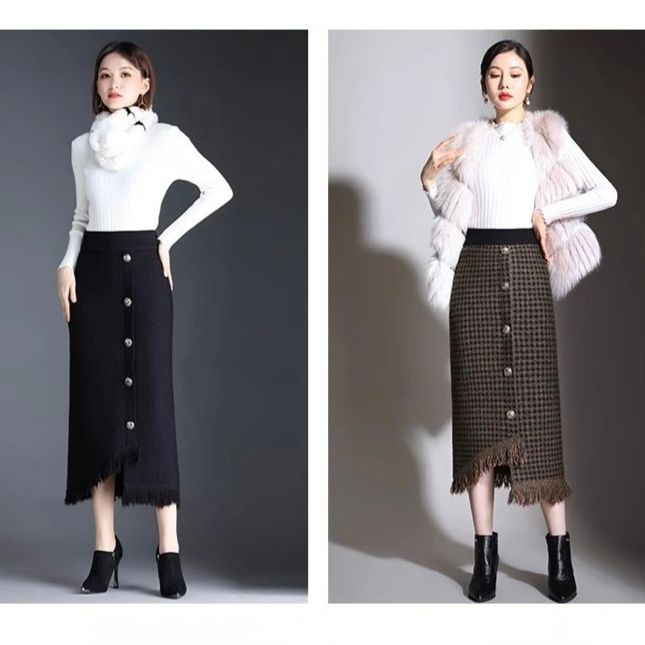 タイトスカート フリンジ裾金属ボタンタイトスカート