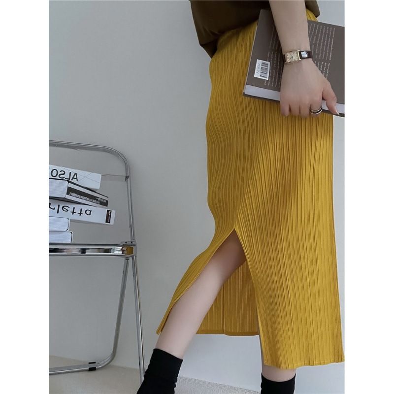 タイトスカート 縦プリーツデザインタイトロングスカート