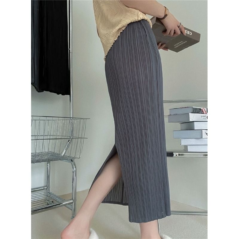 タイトスカート 縦プリーツデザインタイトロングスカート