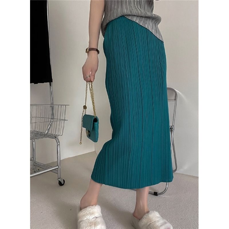 タイトスカート 縦プリーツデザインタイトロングスカート