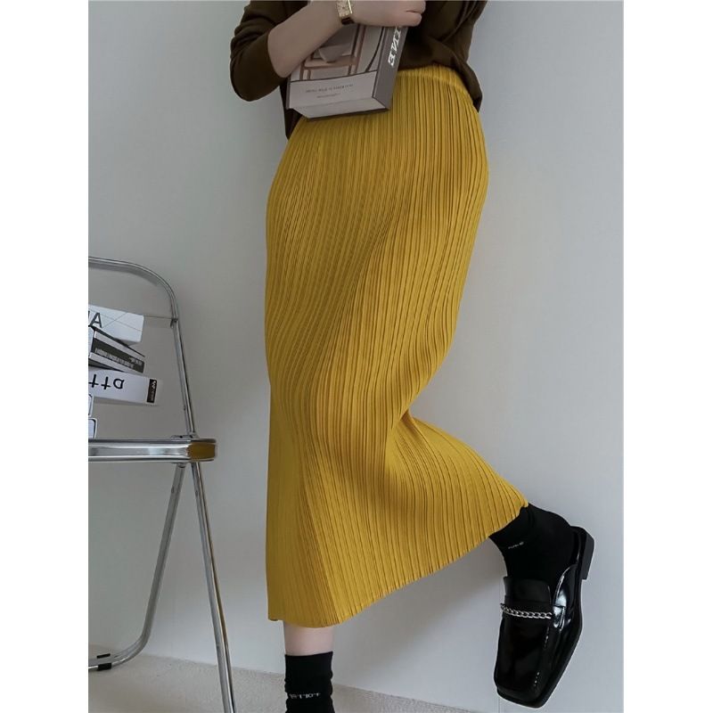 タイトスカート 縦プリーツデザインタイトロングスカート