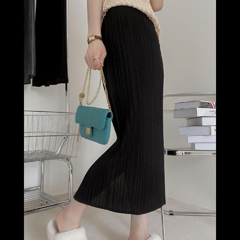 タイトスカート 縦プリーツデザインタイトロングスカート