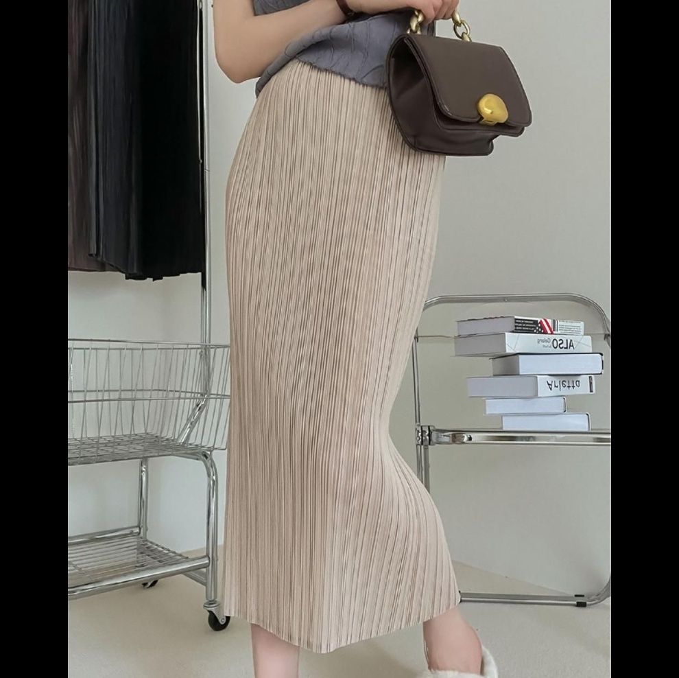 タイトスカート 縦プリーツデザインタイトロングスカート