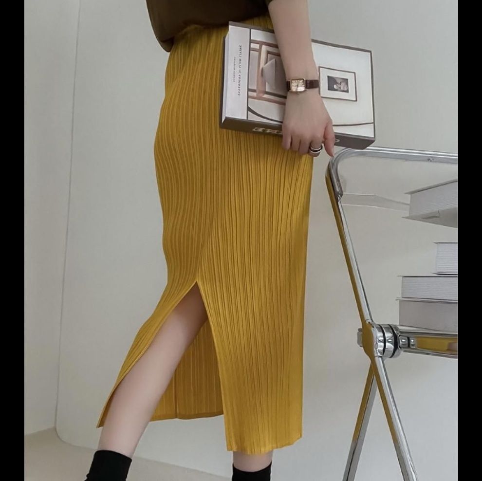 タイトスカート 縦プリーツデザインタイトロングスカート