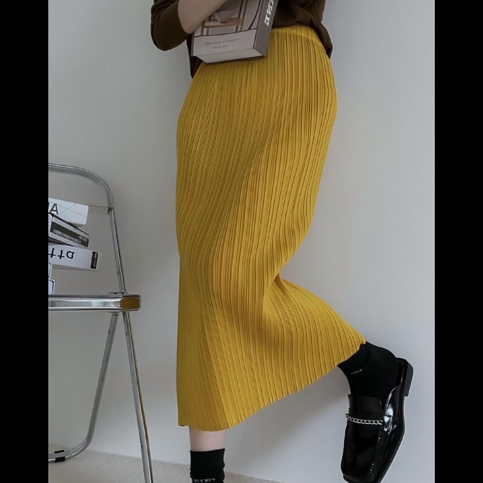 タイトスカート 縦プリーツデザインタイトロングスカート