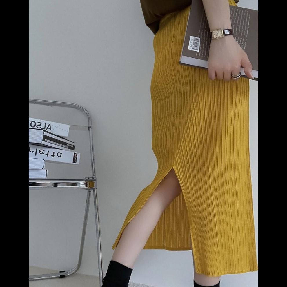 タイトスカート 縦プリーツデザインタイトロングスカート