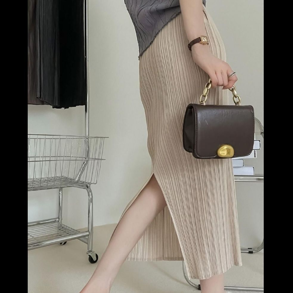 タイトスカート 縦プリーツデザインタイトロングスカート