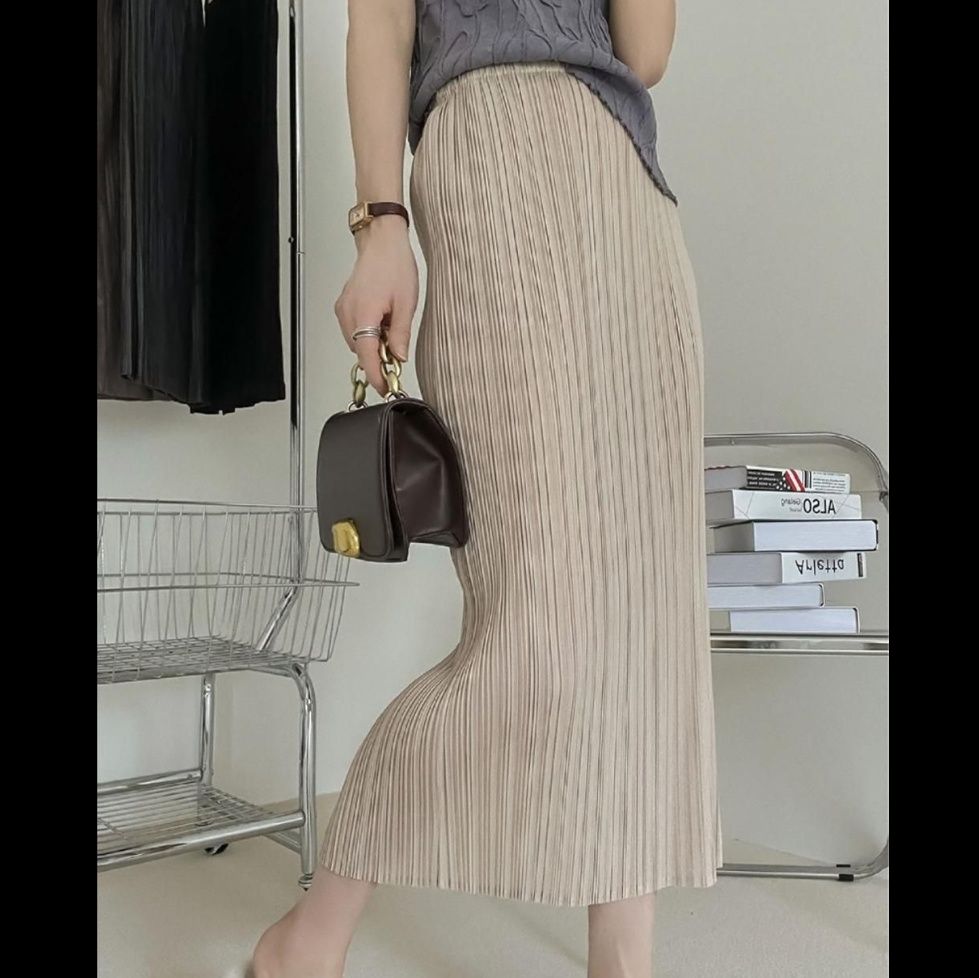 タイトスカート 縦プリーツデザインタイトロングスカート