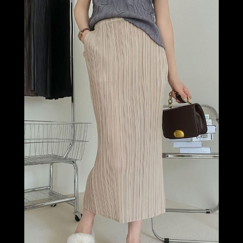 タイトスカート 縦プリーツデザインタイトロングスカート