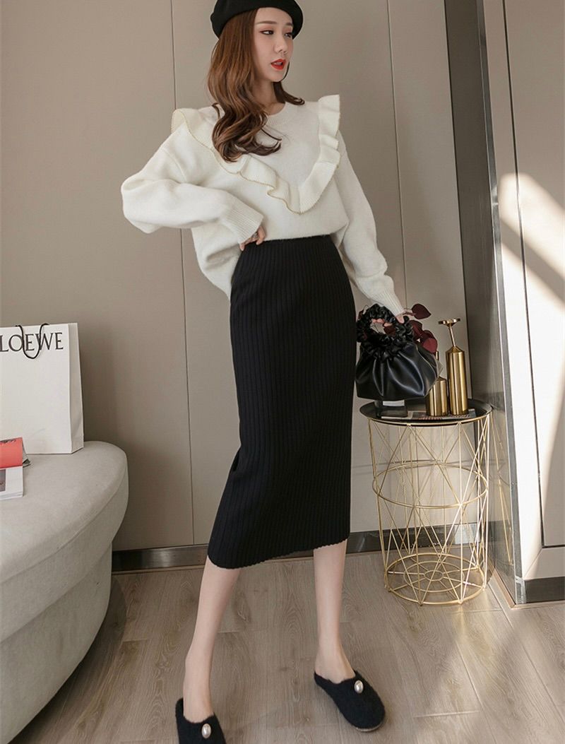タイトスカート リブ編みニットタイトスカートロング丈