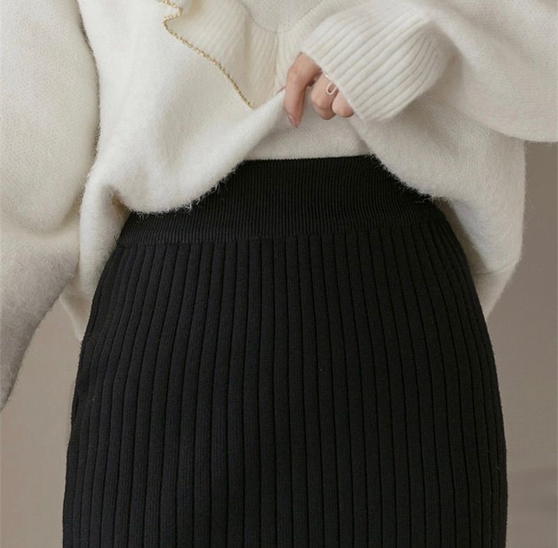 タイトスカート リブ編みニットタイトスカートロング丈