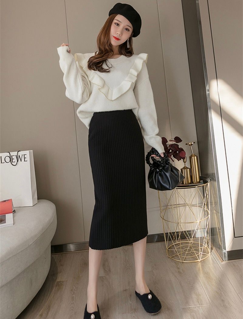 タイトスカート リブ編みニットタイトスカートロング丈