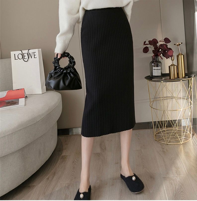 タイトスカート リブ編みニットタイトスカートロング丈
