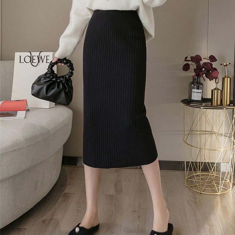 タイトスカート リブ編みニットタイトスカートロング丈
