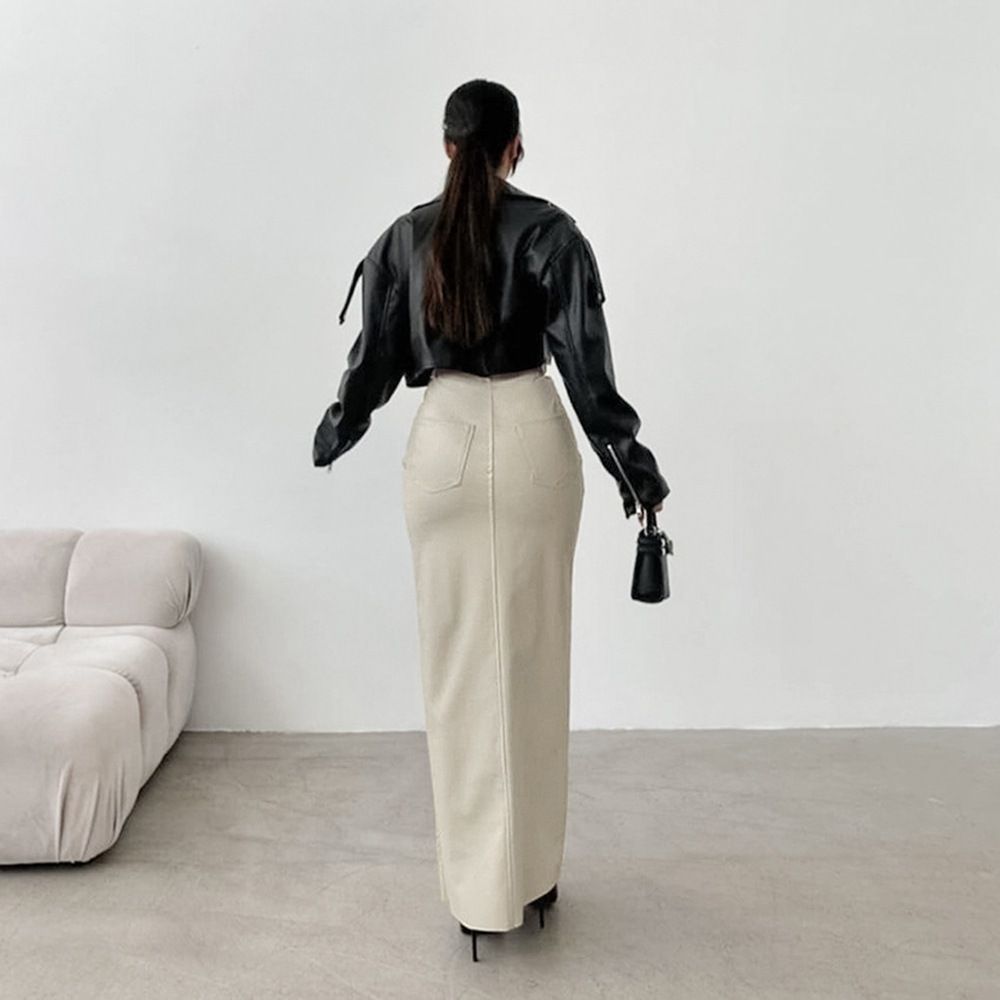 タイトスカート フロントスリット入りレザー調タイトマキシスカート