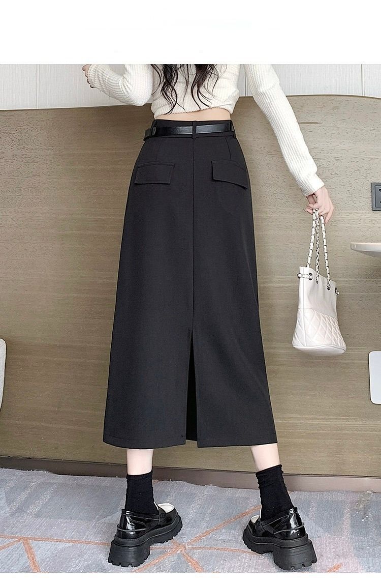 タイトスカート ハイウエストベルト付きロングタイトスカート