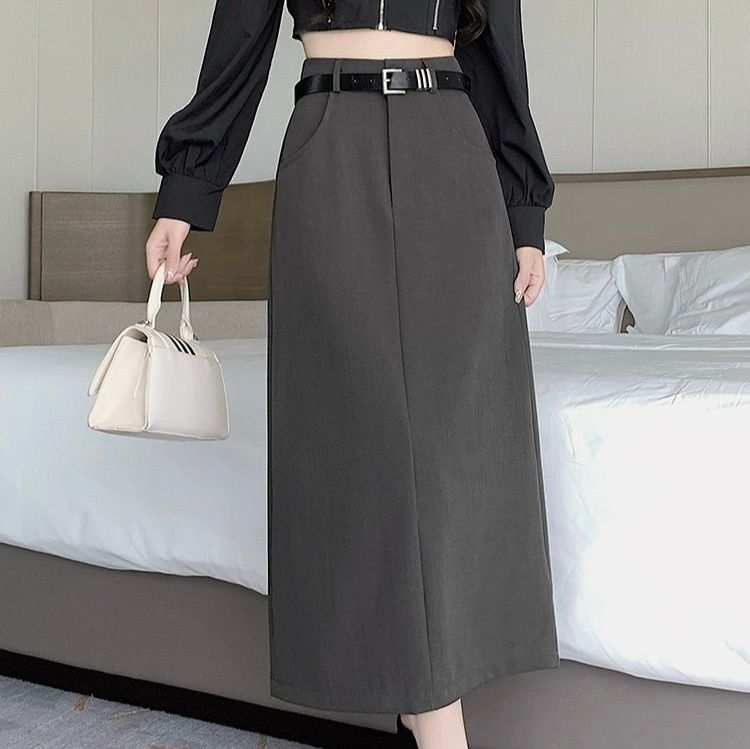 タイトスカート ハイウエストベルト付きロングタイトスカート