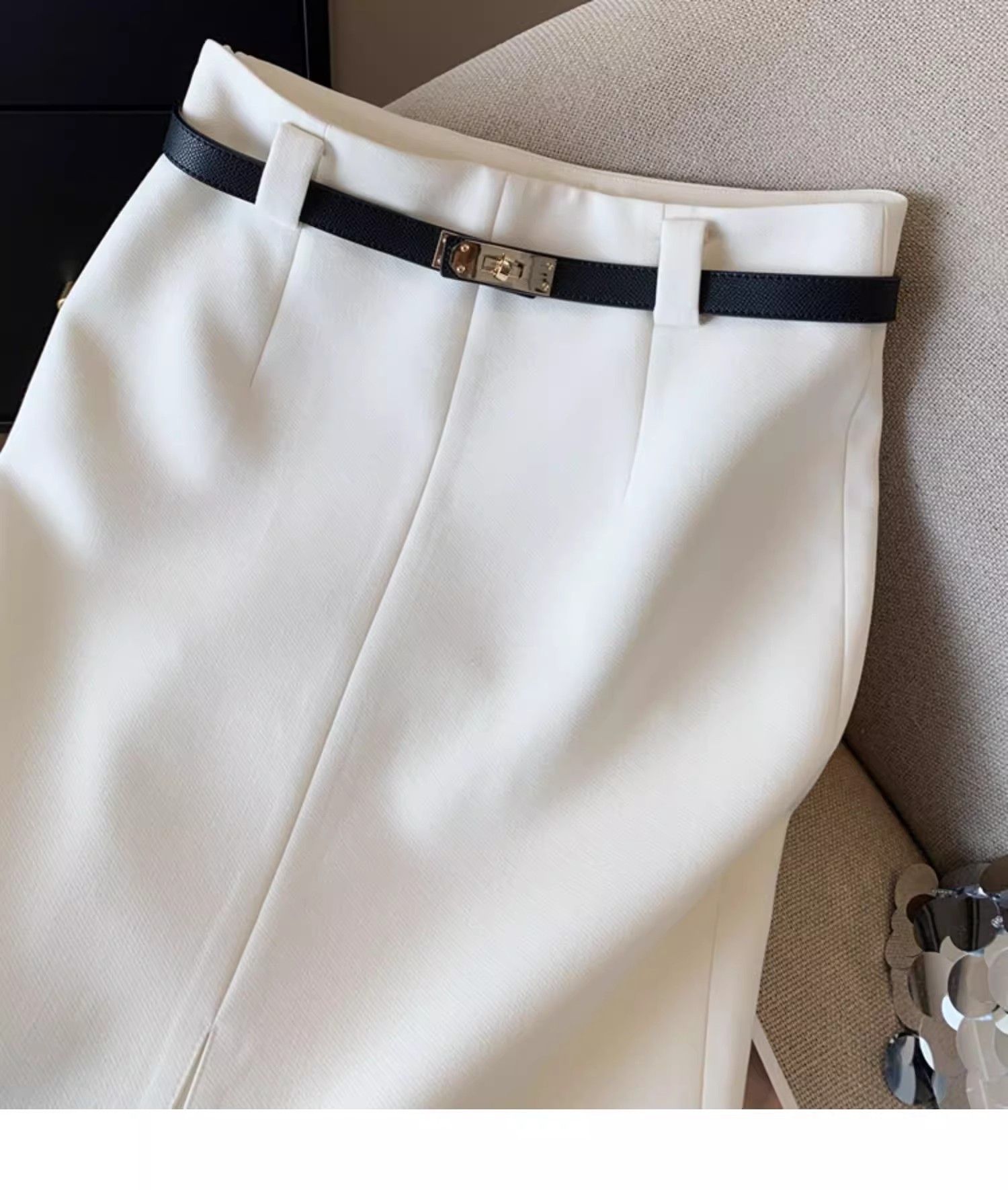 タイトスカート 金具ベルト付きラップ風前スリットタイトスカート