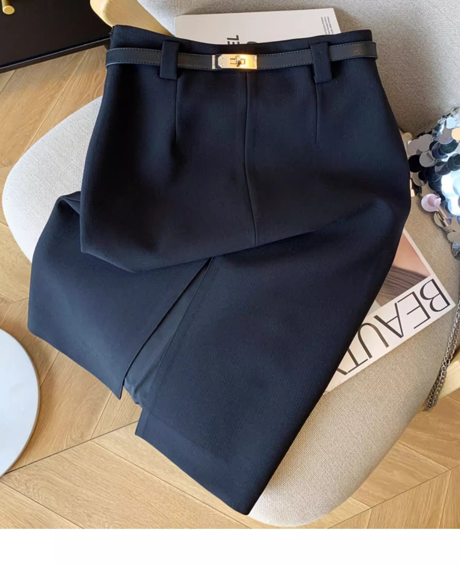 タイトスカート 金具ベルト付きラップ風前スリットタイトスカート